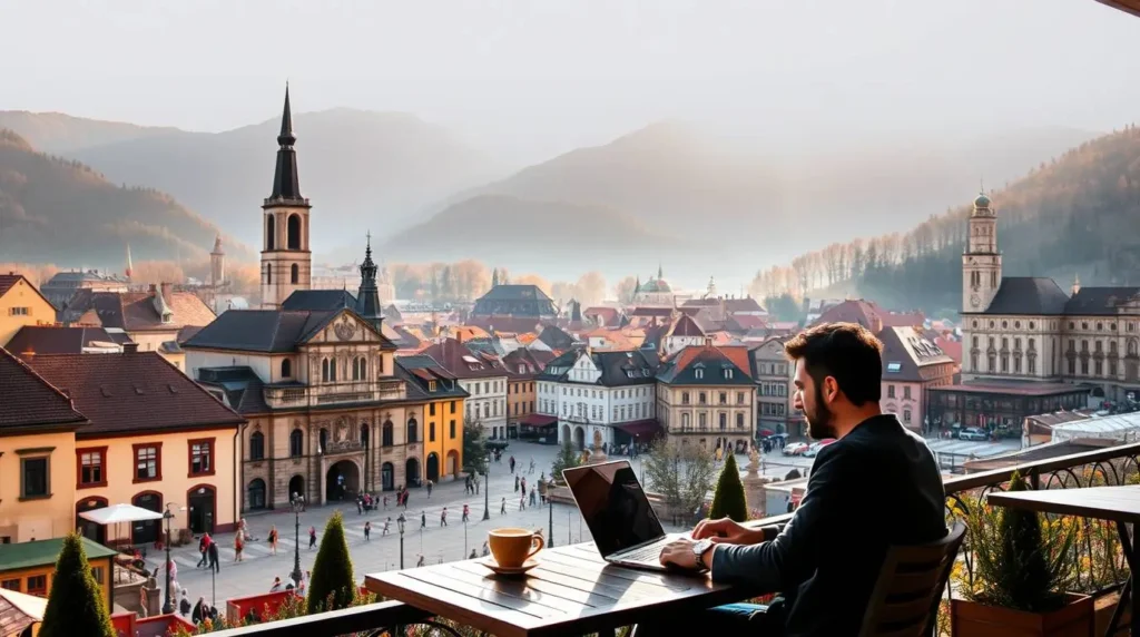 A digital nomad working on a laptop at an outdoor café in Brasov, Romania, overlooking the town square with medieval architecture and distant mountains