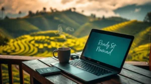 A laptop displaying the words "Ready Set Nomad" sits on a wooden table with a steaming coffee cup, a smartphone, and a passport. The background features lush green rice terraces under a cloudy sky.