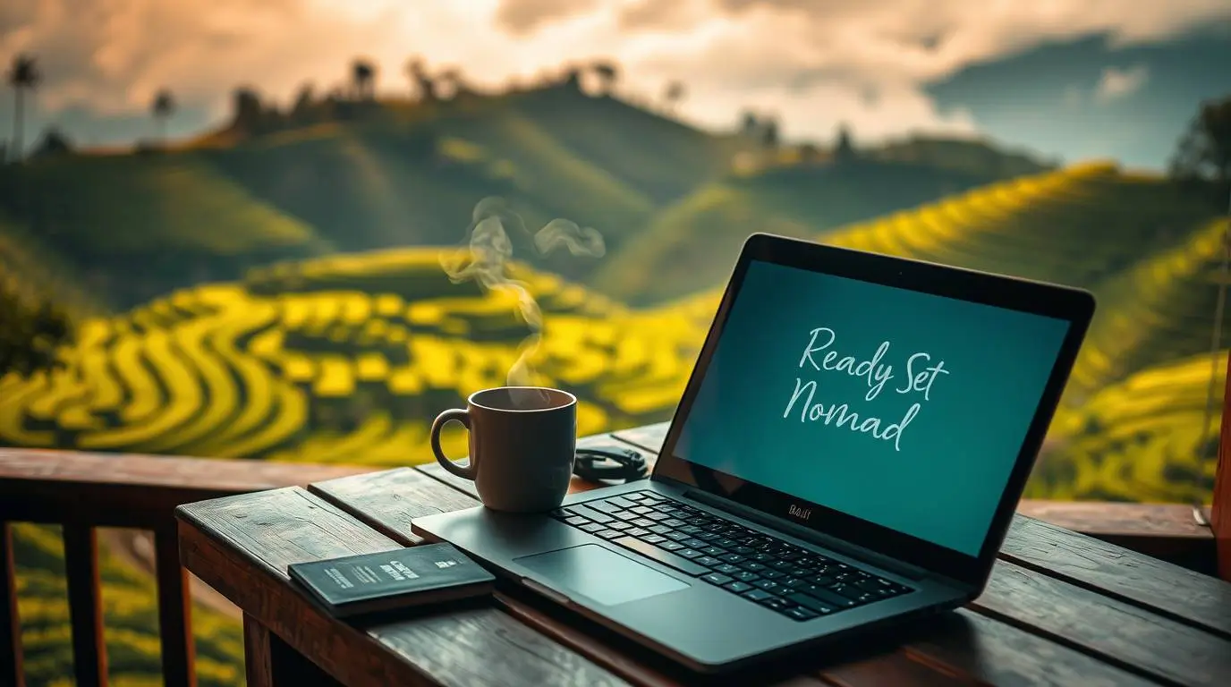 A laptop displaying the words "Ready Set Nomad" sits on a wooden table with a steaming coffee cup, a smartphone, and a passport. The background features lush green rice terraces under a cloudy sky.