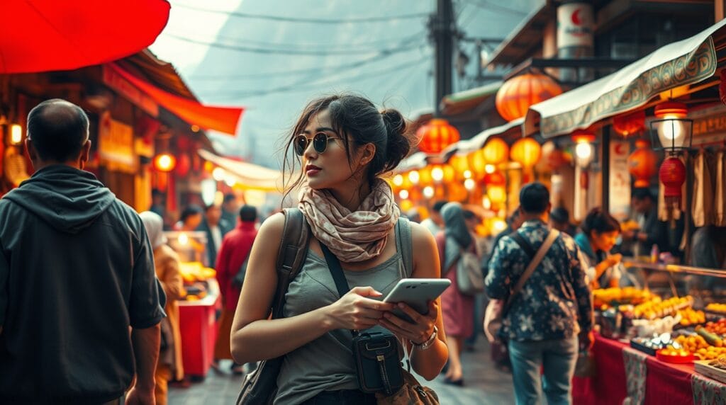 A female digital nomad exploring a bustling local market, surrounded by traditional crafts, vibrant lanterns, and food stalls, showcasing cultural immersion.