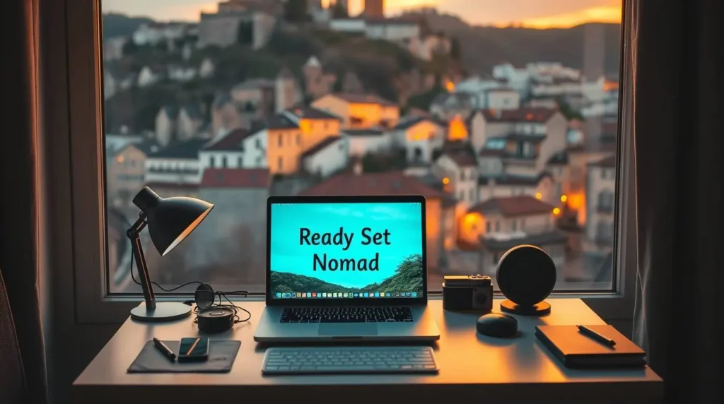 A compact workspace with a laptop displaying 'Ready Set Nomad,' noise-canceling headphones, a lamp, a camera, and a notebook, set against a window view of European rooftops during sunset.