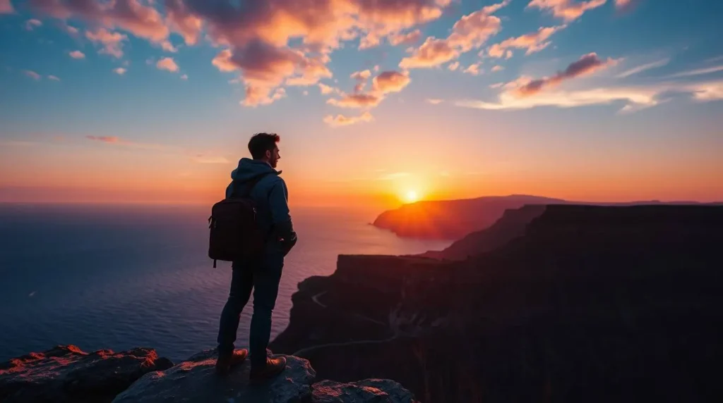 A traveler standing atop a cliff at sunset, facing the ocean, symbolizing the start of a digital nomad journey.