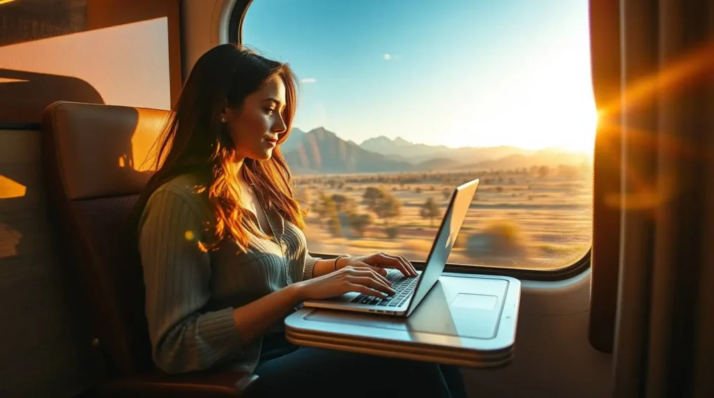 A remote professional typing on a laptop while traveling by train, scenery passing by outside the window at sunrise.