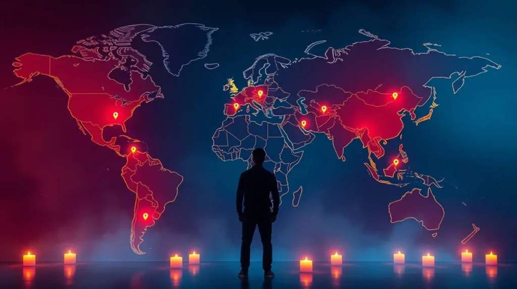 A vibrant world heatmap showcasing the top digital nomad destinations, with glowing pins on cities like Bali, Lisbon, Chiang Mai, and Medellín.